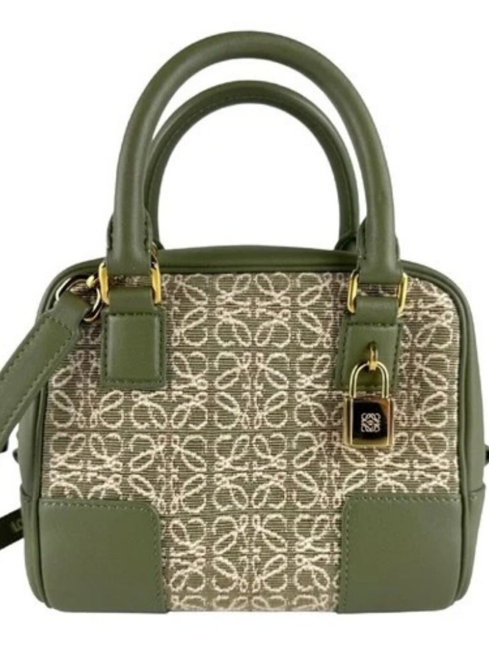 Auth LOEWE Amazona 16 Handbag Shoulder Bag Green Canvas/Leather/Goldtone - z9495